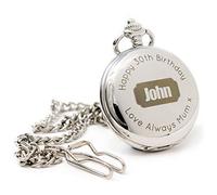 Regalo Personalised Silver Pocket Watch - Badge Design Engraved Front & Back, Custom Name & Message, 12in Albert Chain, 45mm Quartz Fob Watch in Gift Box (Front & Back Engraving)