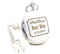 Regalo Personalised Silver Pocket Watch - Best Man Wedding, Engraved Name Role & Date Front, Message Back & Gift Box, 12in Albert Chain, Usher Groomsmen (Front & Back & Gift Box Engraving)