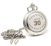 Regalo Personalised Silver Pocket Watch - Birthday Gift for Him with Engraved Name & Age, 18th 21st 30th 40th 50th 60th 70th 80th, 12in Albert Chain & Gift Box, 45mm Quartz Fob (Front Engraving)