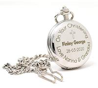 Regalo Personalised Silver Pocket Watch - Christening Communion Baptism Confirmation Naming Day Gift, Engraved Front with Name & Date, 12in Albert Chain, 45mm Quartz Fob (Front Engraving)