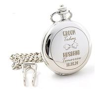 Regalo Personalised Silver Pocket Watch - Groom Wedding Day Gift, Engraved Front Back & Lid, 12in Albert Chain, 45mm Quartz Fob Watch (Front & Back & Gift Box Engraving)