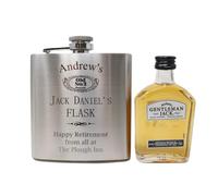 Regalo Silver JD Design Hip Flask (Gentleman Jack 5cl, Magnetic Box) | Regalo personalised silver JD design hip flask with one Jack Daniel's 5cl miniature; optional magnetic gift box.