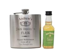 Regalo Silver JD Design Hip Flask (Tennessee Apple 5cl, Magnetic Box) | Regalo personalised silver JD design hip flask with one Jack Daniel's 5cl miniature; optional magnetic gift box.