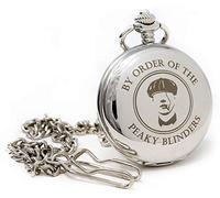 Regalo Silver Pocket Watch with Peaky Blinders Design - Personalised Engraved Gift Box, Mens Vintage Fob with 12in Albert Chain, 45mm Quartz, Birthday Christmas Gift (Design & Gift Box Engraving)