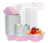 Regaosly 100Pcs 150ml / 5oz Small Cake Boxes, Square Mini Loaf Cake Cases for Dessert Reuable Cupcake Cups Aluminum Foil Mini Cake Tins Cheesecake Pots for Party Birthday Picnic (Pink)