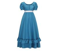 Regency Dresses for Women Regency Era Dress Empire Waist Victorian Tea Party Ball Gown with Satin Sash, Blue, XL