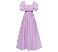 Regency Dresses for Women with Satin Sash Ruffled Puff Sleeve Empire Waist Dress Gown, Light Purple, L