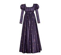 Regency Empire Jane Austen Vintage High Waistline Tea Party Ball Gown Purple Floral Puffy Sleeve Dress, Purple, M