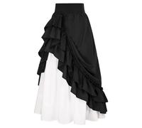 Regency Women's Pirate Gothic Renaissance Patchwork Ruffle Layered Swing Skirt - Stretch High Waist A-Line Midi Steampunk Retro Victorian Tiered Skirt - Black