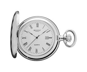 Regent Men's Pocket Watch Savonnette Flip Cover 47mm Quartz White Dial Roman Numerals Date, P-737 - Silver