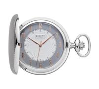 REGENT Men's Pocket Watch Savonnette Flip Cover Chrome Plated 50mm Quartz White Grey Dial Arabic Numbers, P-729 - Rose Gold Hands / Crest, Classic