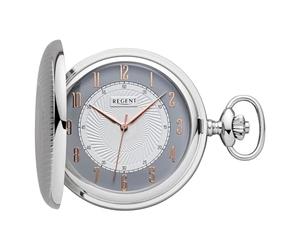 REGENT Men's Pocket Watch Savonnette Flip Cover Chrome Plated 50mm Quartz White Grey Dial Arabic Numbers, P-729 - Rose Gold Hands / Crest, Classic