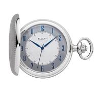 Regent Men's Pocket Watch Savonnette Flip Cover Chrome Plated 50mm Quartz White Grey Dial Arabic Numerals, P-727 - Blue hands / coat of arms