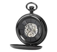 Regent Men's Pocket Watch with Hand Winding Mechanism - Glass Back with Skeleton View - Stainless Steel Flip Lid - Black Stylish