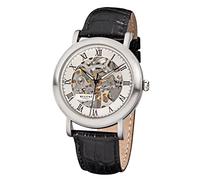 REGENT Men's Watch with Crocodile Look Leather Strap Stainless Steel Mechanical Hand Winding Roman Numerals Skeleton Movement, silver, Strap.