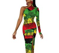 Reggae-Rastafarian Flag Lion Women's Dress One Shoulder Split Maxi Long Dress Bodycon Wedding Party Dresses S