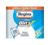 Regina Blitz Household Towels - 4 Triple Layered Rolls, 70 Sheets Per Roll, Paper Packaging, FSC Certified Paper, Recyclable Packaging, 60% Larger Than Standard Kitchen Roll Sheets