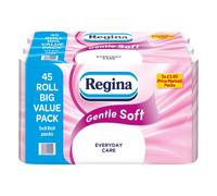 Regina Gentle Soft Toilet Tissue - 45 Rolls of 3 Ply Toilet Paper, 160 Sheets, Soft and Gentle, 30% PCR Plastic Packaging, FSC Certificated