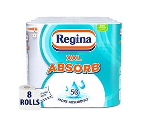 Regina XXL Absorb, 8 Kitchen Rolls, 2-Ply Sheets | 75 Extra Large Sheets per Roll, Increased Absorbency for Extra Big Spills, FSC Certified, Easy Open Pack