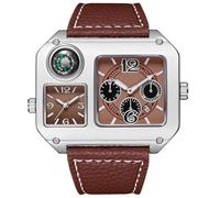 Reginald Men’s Dual Time Zone Square Watch Decorative Compass Large Analog Quartz Wristwatch with PU Leather Band, Fashion Casual Outdoor-Style Timepiece, brown