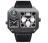 Reginald Men’s Dual Time Zone Square Watch Decorative Compass Large Analog Quartz Wristwatch with PU Leather Band, Fashion Casual Outdoor-Style Timepiece, black
