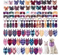Reginary 120 Pcs Plaid Dog Bandanas Bulk Dog Bows Set Bow Ties Cat Scarf Colorful Washable Triangle Pet Kerchief Cute Bib for Summer Small Medium Large Pets Grooming Accessories Costume
