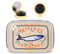 Reginary 2 Pcs Canned Sardines Makeup Bag and Mini Hair Brush with Mirror Cute Cosmetic Bag Folding Hair Brush Kawaii Pencil Case Pouch Portable Travel Toiletry Bags Funny Waterproof for Women, Beige