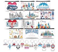 Reginary 24 Pcs State Souvenir Gifts 12 Metal Keychain and 12 City Cosmetic Bag USA Texas Florida California Chicago Souvenir Themed Gifts for Women Traveler Birthday Christmas Party (Chicago)