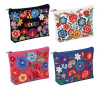 Reginary 4 Pcs Mexican Embroidered Makeup Bag Set Folk Art Cosmetic Pouches for Women Portable Colorful Zipper Travel Organizer Large Pouch with Zipper for Lady Friend Sister BFF