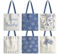 Reginary 6 Pack Coastal Canvas Tote Bag Bulk Beach Reusable Grocery Shopping Bag Blue Ocean Sea Women Summer Gift(Beach)