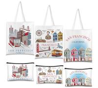 Reginary 6 Pcs City Souvenirs Gifts New York Italy Chicago Seattle Los Angeles Souvenir Canvas Tote Bag Cosmetic Bag Women, Multicolor, San Francisco