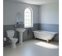 Regis Basin and 1700mm Left Hand Freestanding Shower Bathroom Suite with Brushed Brass Claw Feet | White | Ceramic/Chrome Plated | 600mm