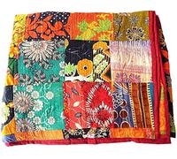 REGMESS Indian Hand Made Queen Size Patch Work Multi-Colour Kantha Quilt Bedspread Throw Cotton Blanket