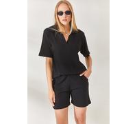 Regular Fit Ribbed 2-Piece Set with Polo Top & Pocket Shorts HOXTON GAL Black S