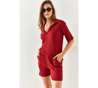Regular Fit Ribbed 2-Piece Set with Polo Top & Pocket Shorts HOXTON GAL Burgundy M