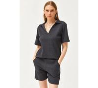 Regular Fit Ribbed 2-Piece Set with Polo Top & Pocket Shorts HOXTON GAL Dark Grey M