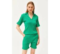 Regular Fit Ribbed 2-Piece Set with Polo Top & Pocket Shorts HOXTON GAL Light Green M