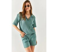 Regular Fit Ribbed 2-Piece Set with Polo Top & Pocket Shorts HOXTON GAL Mint S