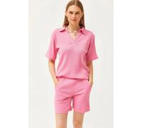 Regular Fit Ribbed 2-Piece Set with Polo Top & Pocket Shorts HOXTON GAL Pink S