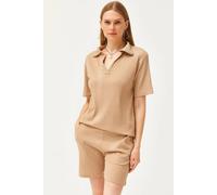 Regular Fit Ribbed 2-Piece Set with Polo Top & Pocket Shorts HOXTON GAL Stone M