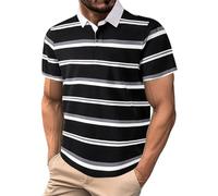 Regular Fit Striped T Shirt for Men Casual Fashion Striped Loose Short Sleeved Lapel Short Sleeved T Shirt for Outdoor Workout Party Xmas Gifts (Black, XL)