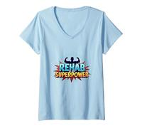 Rehab is My Superpower Motivational Recovery Strength V-Neck T-Shirt, Women, Baby Blue, M