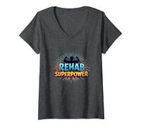 Rehab is My Superpower Motivational Recovery Strength V-Neck T-Shirt, Women, Dark Heather Grey, S