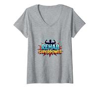 Rehab is My Superpower Motivational Recovery Strength V-Neck T-Shirt, Women, Heather Grey, XL