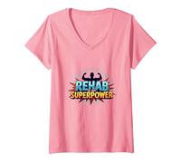 Rehab is My Superpower Motivational Recovery Strength V-Neck T-Shirt, Women, Pink, M