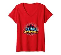 Rehab is My Superpower Motivational Recovery Strength V-Neck T-Shirt, Women, Red, S