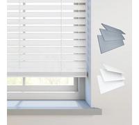 REHAN & CO Faux wood window Venetian Blinds 50mm Slats with String/Tape Blinds Aluminium Headrail Trimmable Child Safe Home Office Window Blind (White String, 114Wcm x 150Hcm)