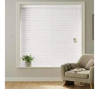 REHAN & CO Made to Measure White Faux Wood wooden Grain Venetian Blinds/Blind with Strings- Home Office Window Blinds - 50mm Slats 105W x 150H cm