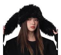 Reheyre Fuzzy Bunny Hat for Women Fluffy Cozy Plush Beanie with Long Rabbit Ears Winter Hat Skull Caps Outdoor Black One Size