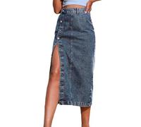 REHJJDFD Women's Button A-Line Side Split High Waist Denim Skirt Black Blue Midi Jean Skirts Long Skirt Dark Blue L
